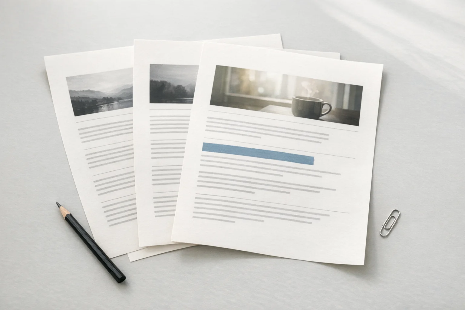 Illustration: three printed blog articles fanned out on a desk