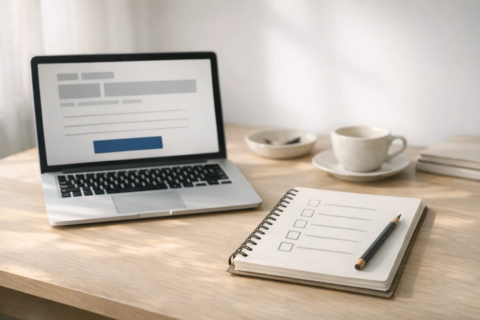 Illustration: a laptop with a simple order page and a notebook checklist