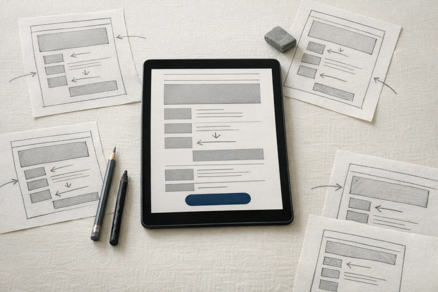 Illustration: a tablet with a sales page layout and paper sketches of its sections