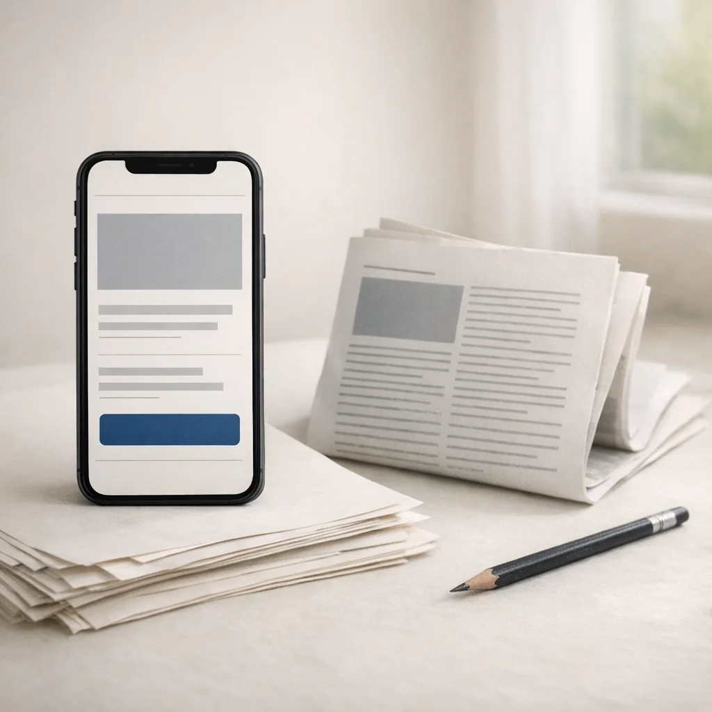Illustration: a phone showing a one-page sales layout beside printed article proofs